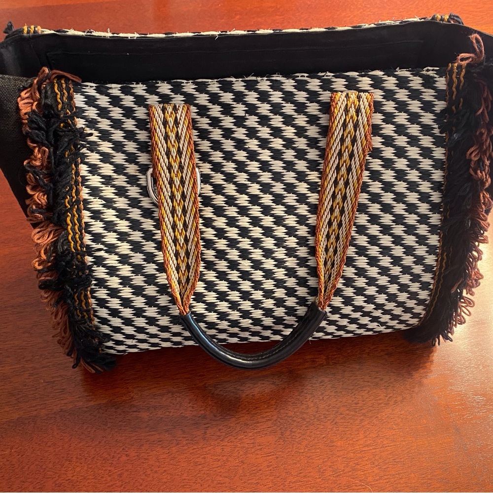 ETRO Multicolor Printed Woven Straw and Canvas Fringe Embellished Tote
